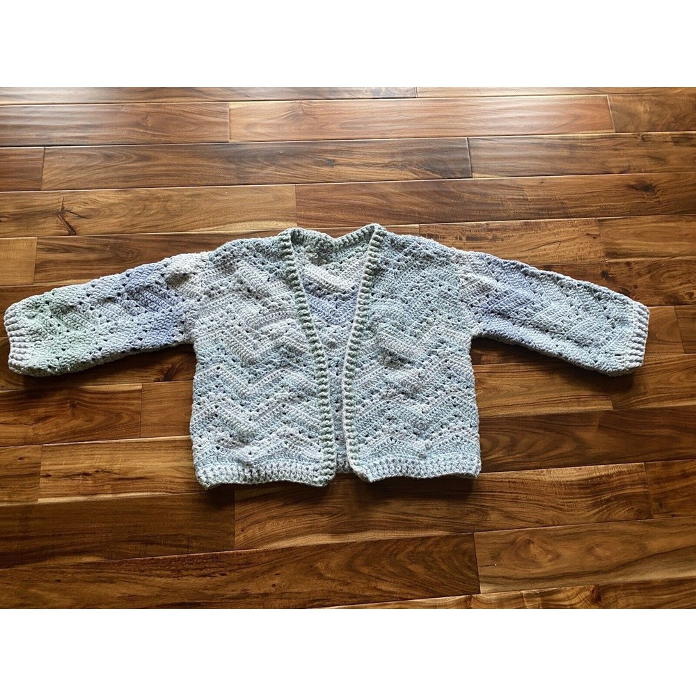 Handmade Crochet Women Cardigan Light Blue Green Sweater Size Small